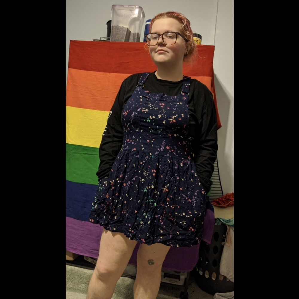 Paint splattered overall dress